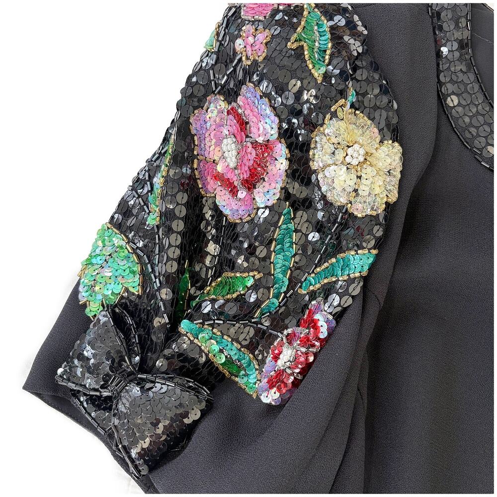Vintage Beaded Sequin Cocktail Dress L Black Floral Sleeve Evening Glam Party - Picture 5 of 15